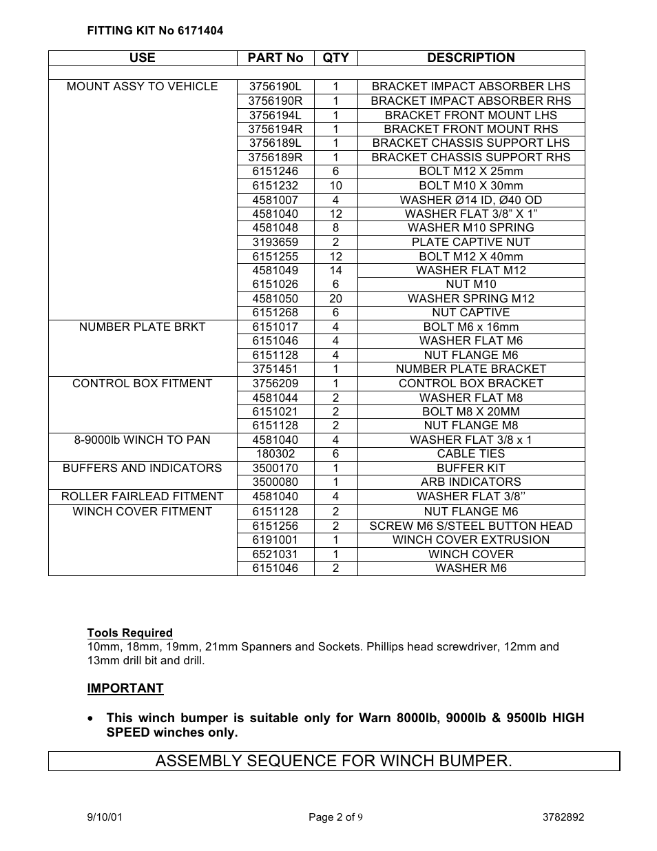 Assembly sequence for winch bumper | ARB 3434050 User Manual | Page 2 / 9