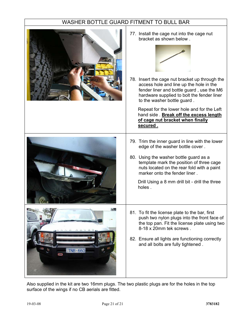 Washer bottle guard fitment to bull bar | ARB 3432150 User Manual | Page 21 / 21