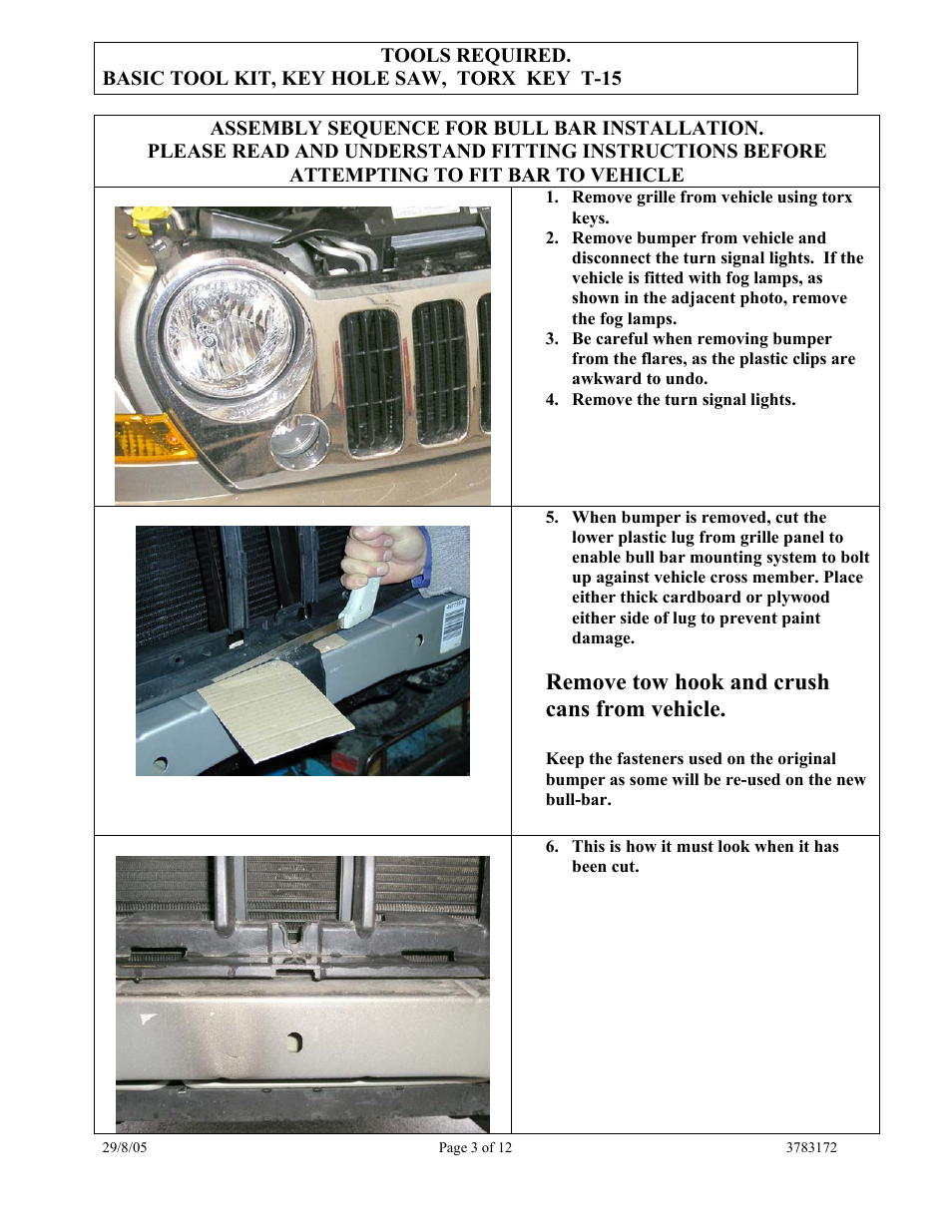 Remove tow hook and crush cans from vehicle | ARB 3450120 User Manual | Page 3 / 12