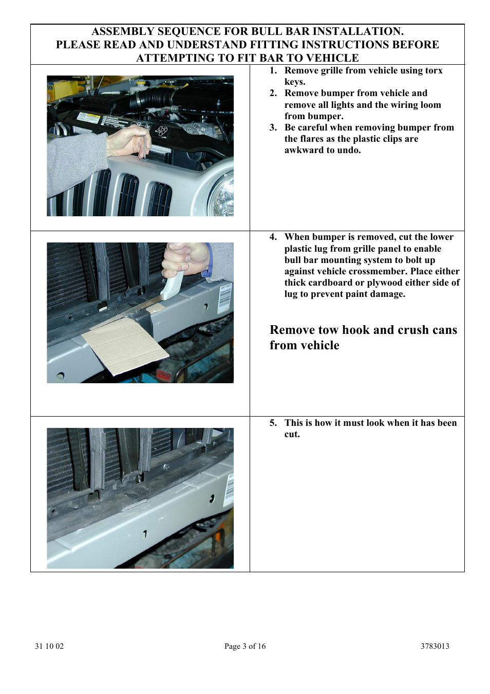 Remove tow hook and crush cans from vehicle | ARB 3450110 User Manual | Page 3 / 16