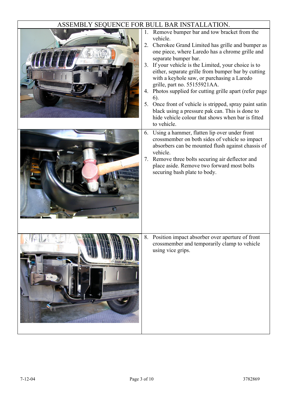 Assembly sequence for bull bar installation | ARB 3450100 User Manual | Page 3 / 10