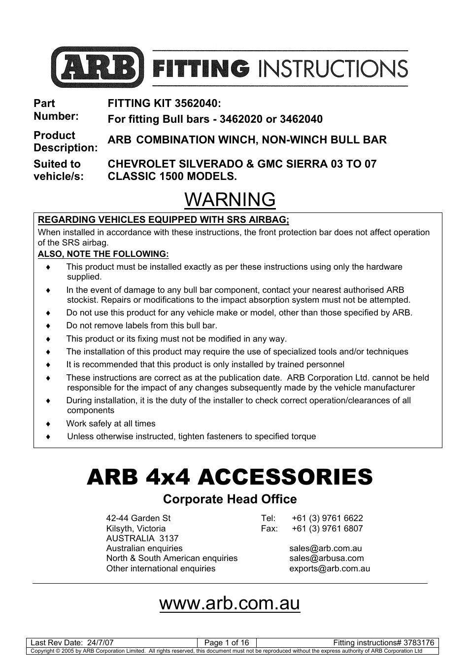 3462040 silv_gmc 1500 03_07 classic, Arb 4x4 accessories, Warning | Corporate head office | ARB 3462040 User Manual | Page 2 / 45