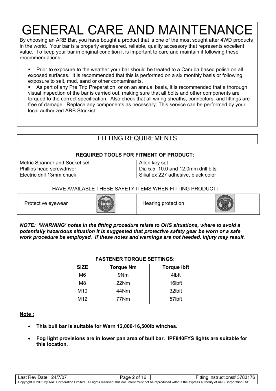 General care and maintenance, Fitting requirements | ARB 3462040 User Manual | Page 3 / 45