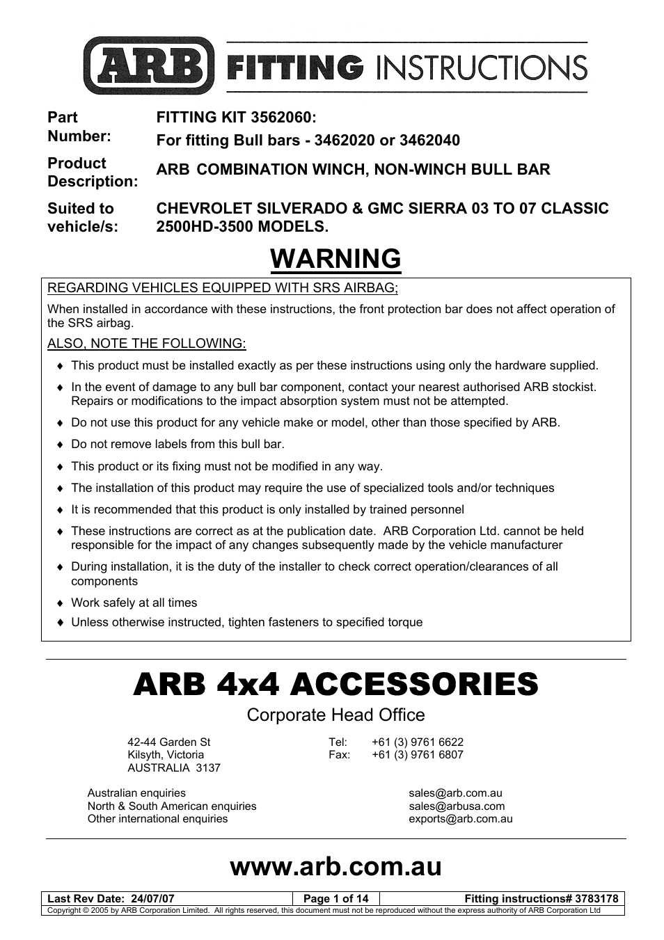 3462040 silv_gmc 2500hd-3500 03_07 classic, Arb 4x4 accessories, Warning | Corporate head office | ARB 3462040 User Manual | Page 32 / 45