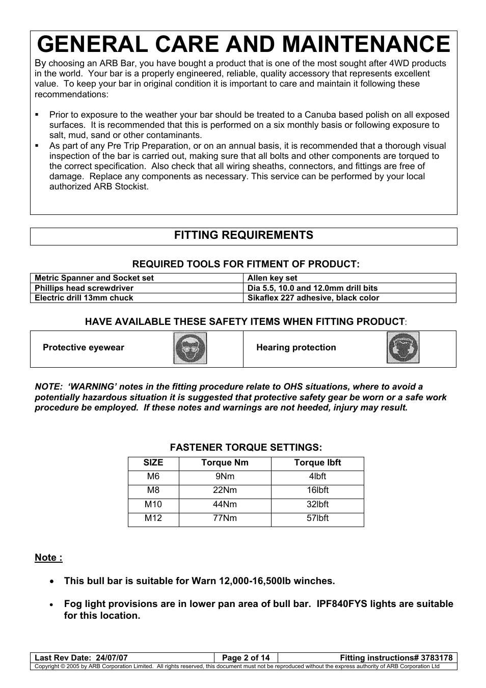 General care and maintenance, Fitting requirements | ARB 3462040 User Manual | Page 33 / 45