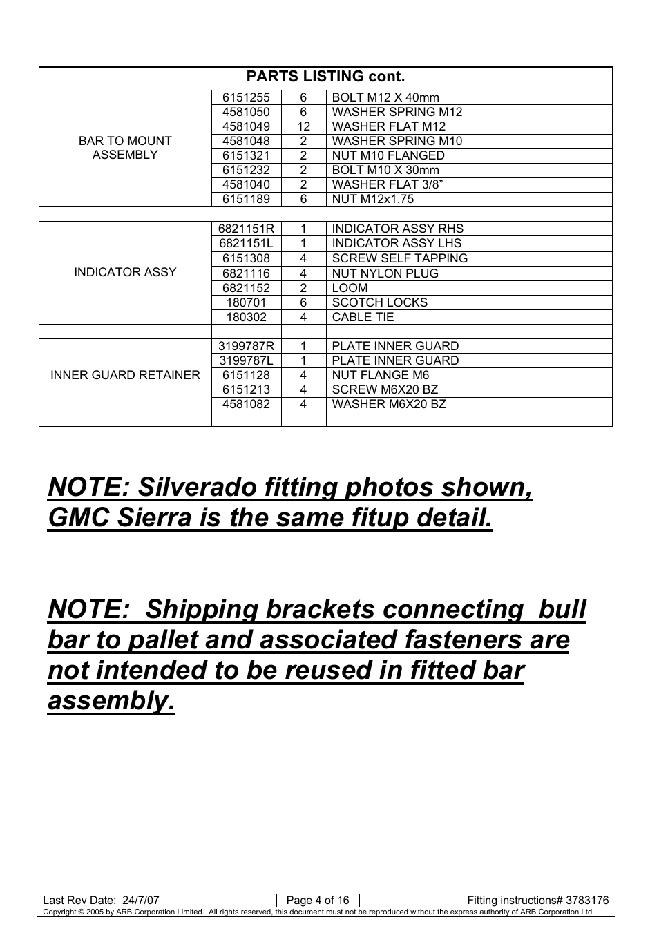 Parts listing cont | ARB 3462040 User Manual | Page 5 / 45