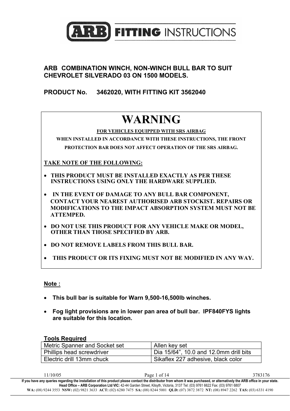 3462020w/3562040i, Warning | ARB 3462020 User Manual | Page 15 / 55