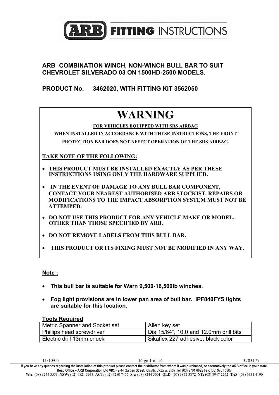 3462020w/3562050, Warning | ARB 3462020 User Manual | Page 29 / 55