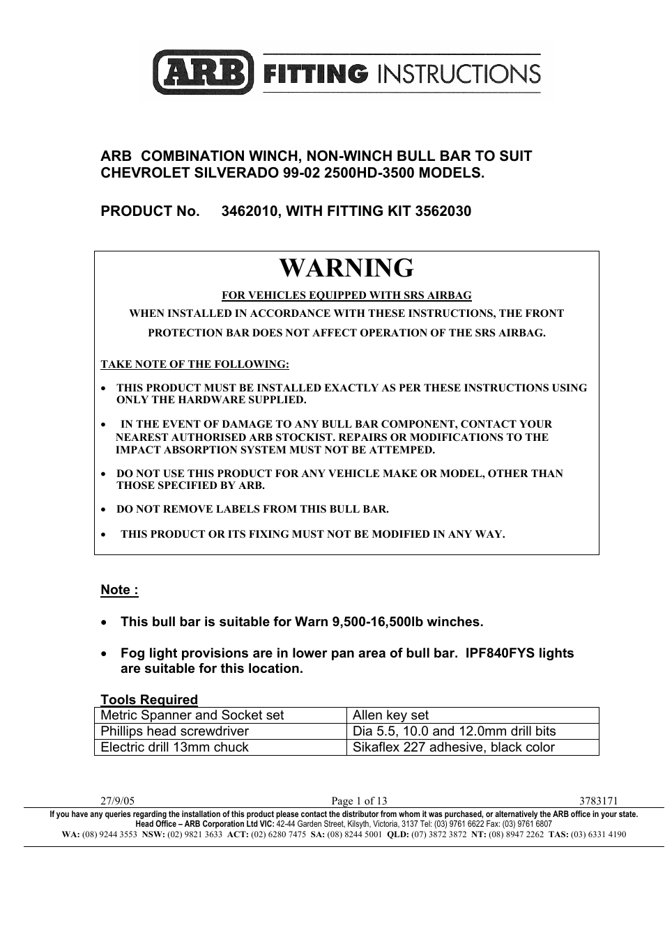 3462010w/3562030, Warning | ARB 3462010 User Manual | Page 28 / 40