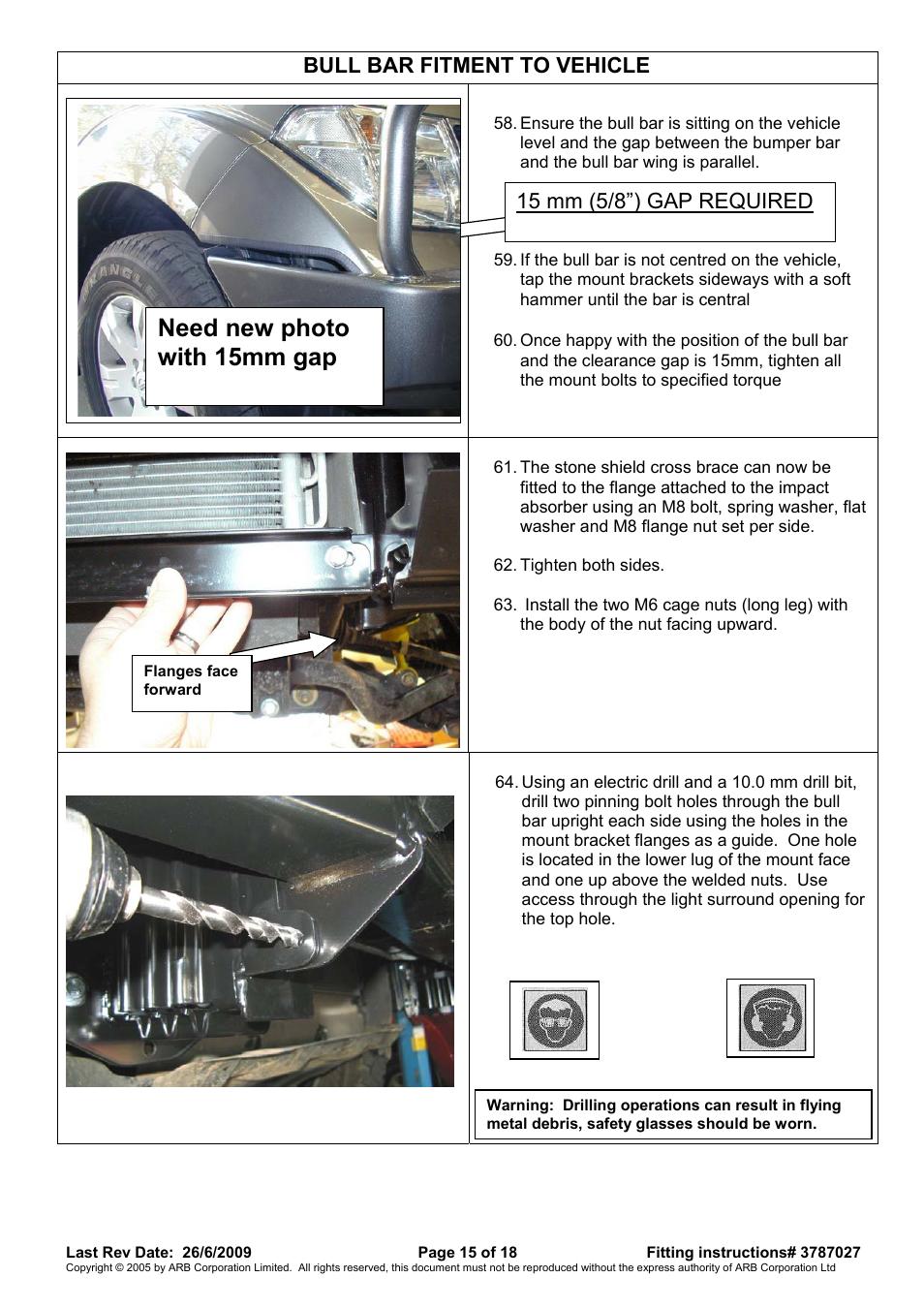 Need new photo with 15mm gap, Bull bar fitment to vehicle, 15 mm (5/8”) gap required | ARB 3438260 User Manual | Page 15 / 18