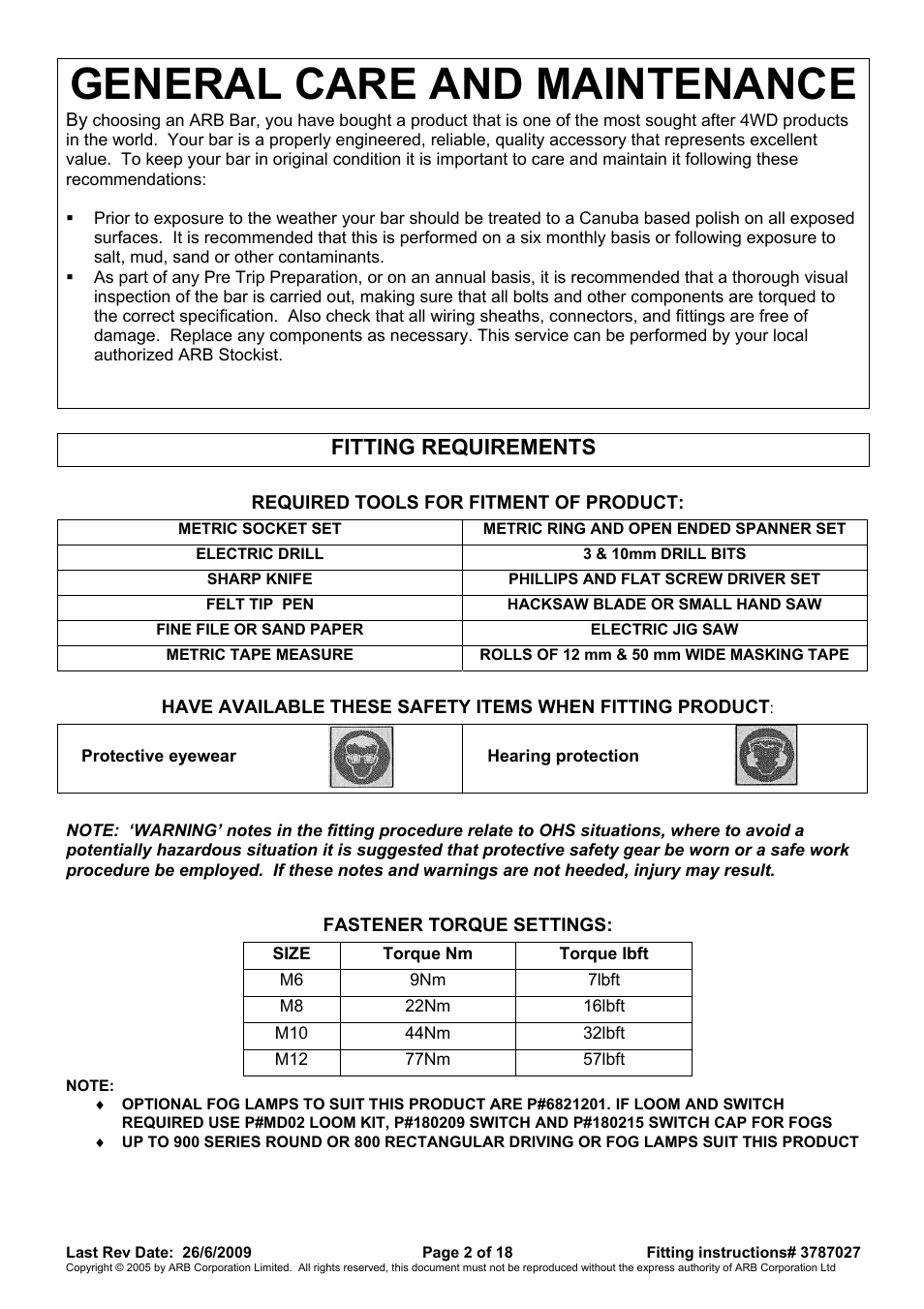 General care and maintenance, Fitting requirements | ARB 3438260 User Manual | Page 2 / 18