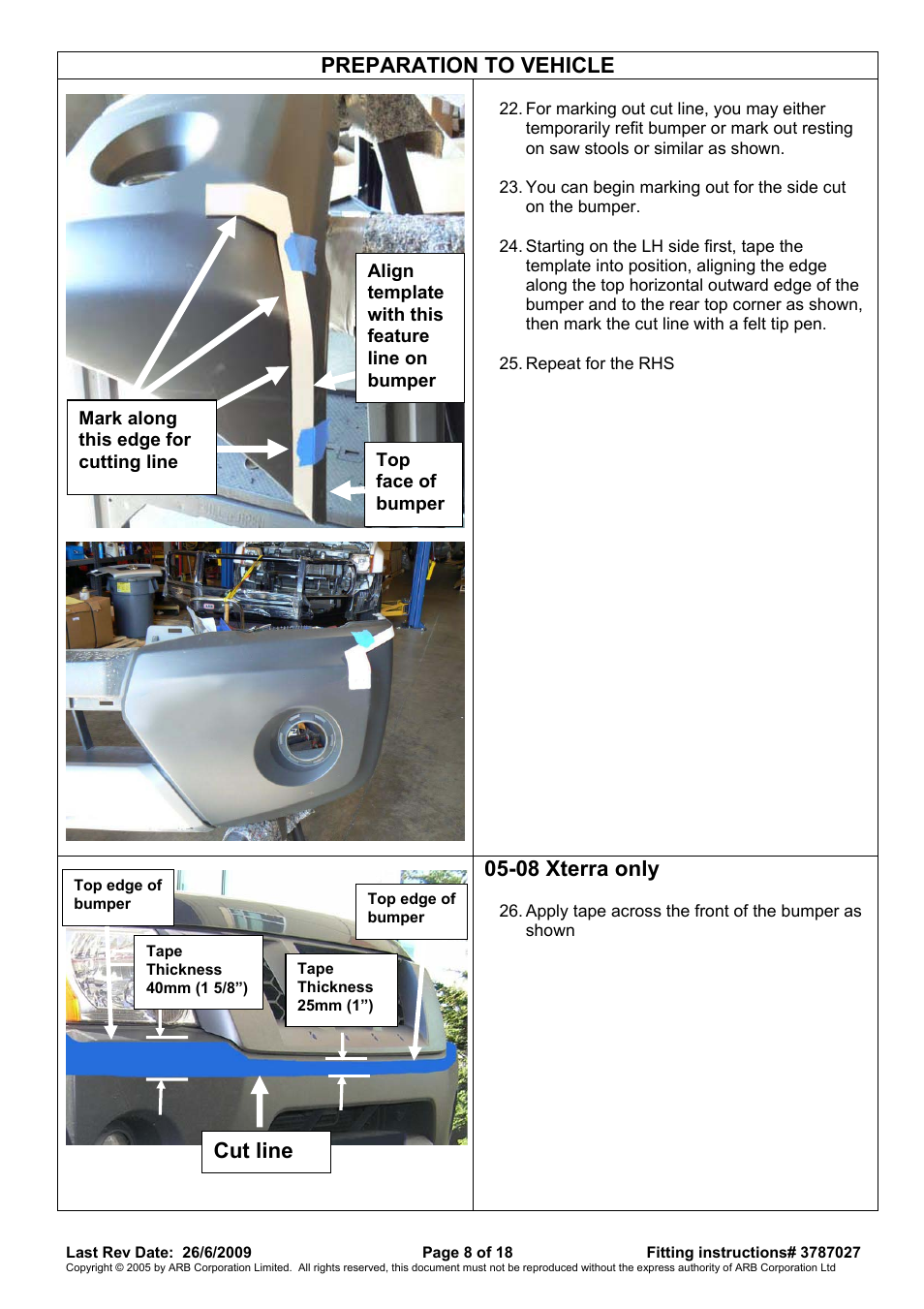 Preparation to vehicle, 08 xterra only, Cut line | ARB 3438260 User Manual | Page 8 / 18