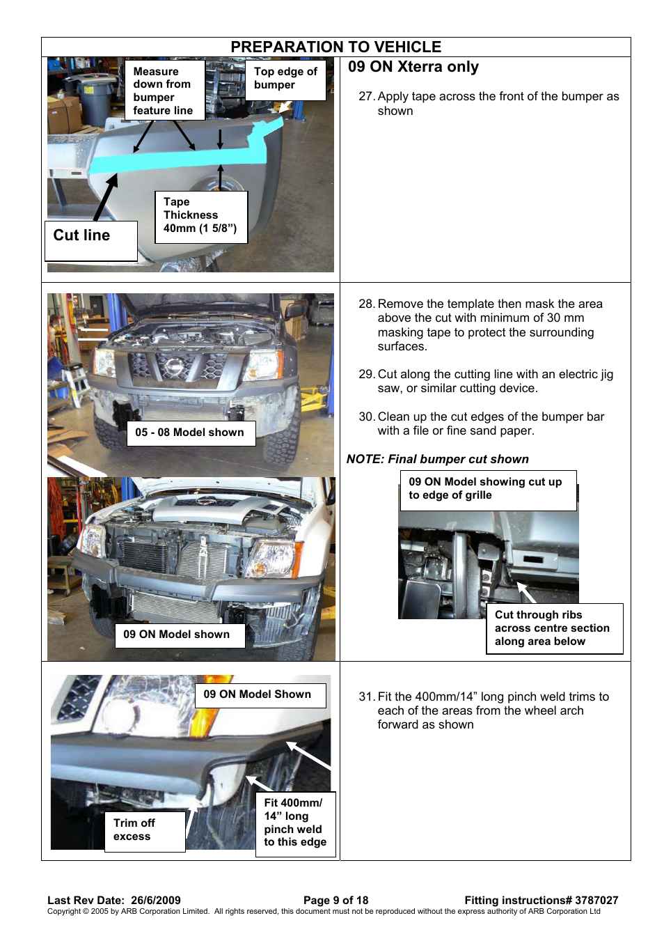 Preparation to vehicle, 09 on xterra only, Cut line | ARB 3438260 User Manual | Page 9 / 18