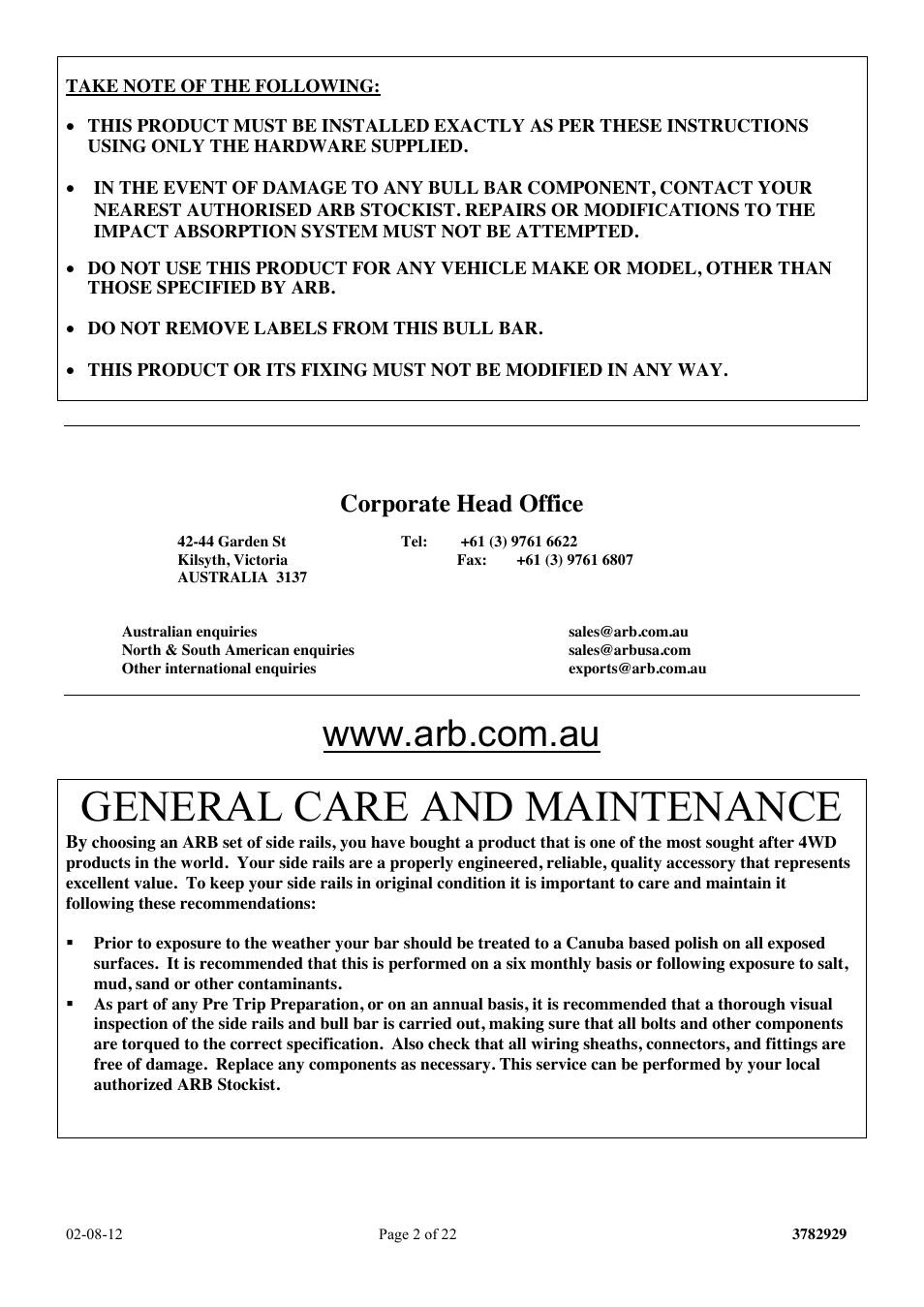 General care and maintenance, Corporate head office | ARB 3232200 User Manual | Page 2 / 23