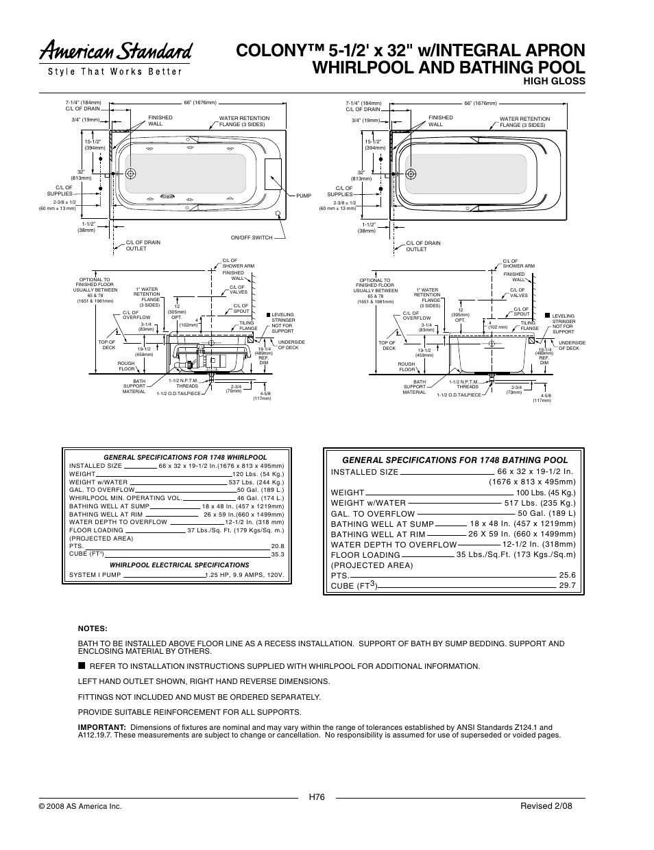High gloss, Revised 2/08, General specifications for 1748 bathing pool | 2008 as america inc | American Standard Colony 5-1/2' x 32