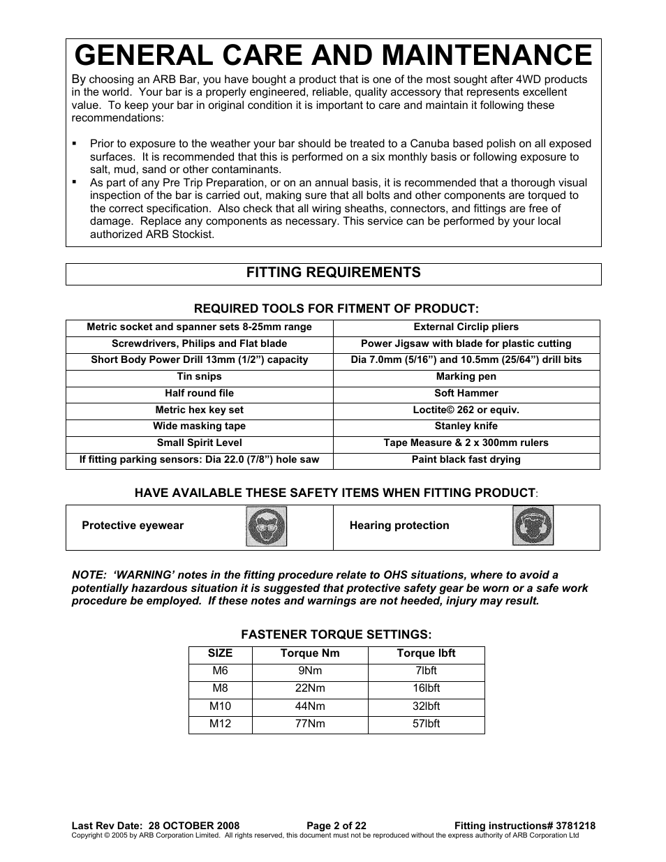 General care and maintenance, Fitting requirements | ARB 3915040 User Manual | Page 2 / 22