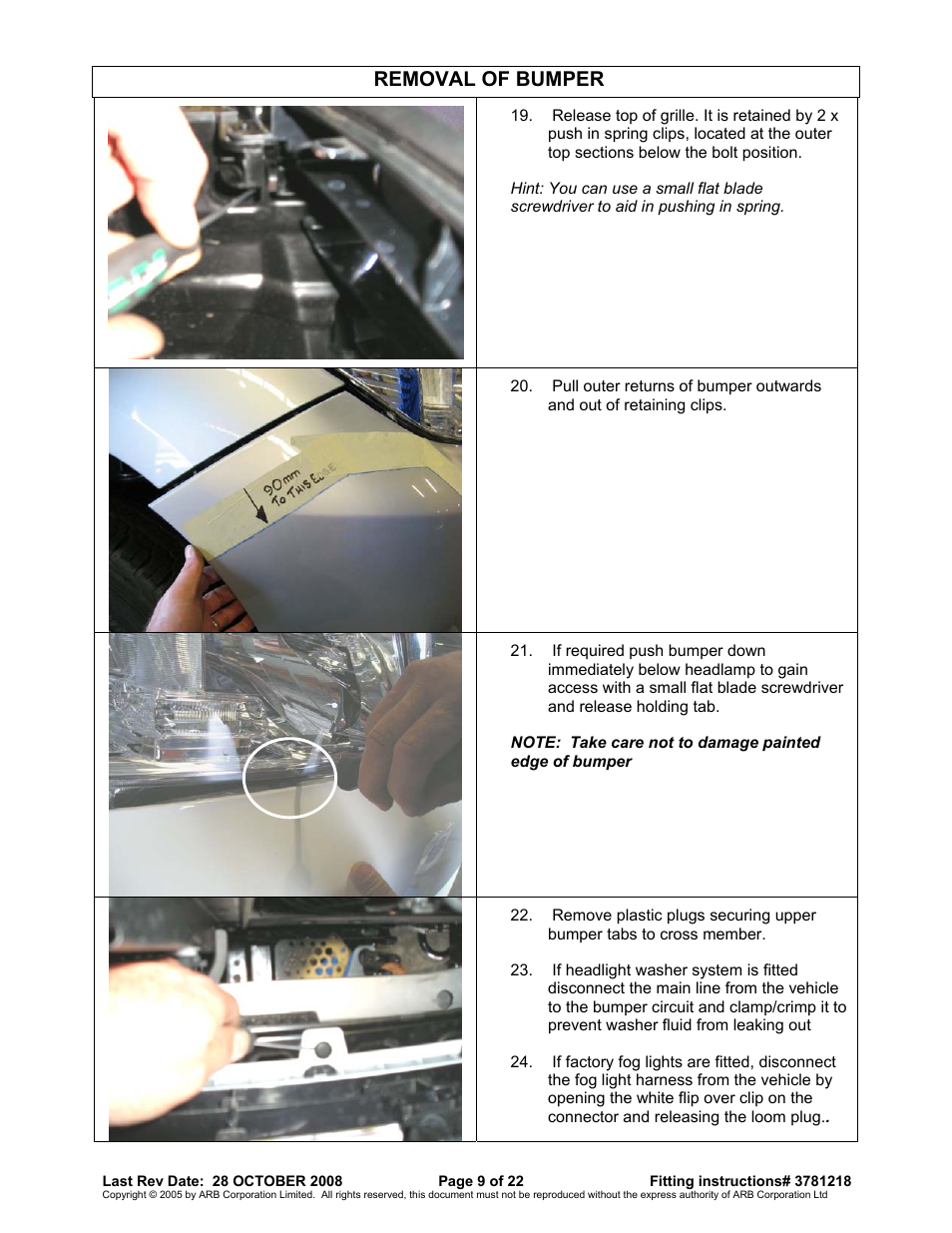 Removal of bumper | ARB 3915040 User Manual | Page 9 / 22