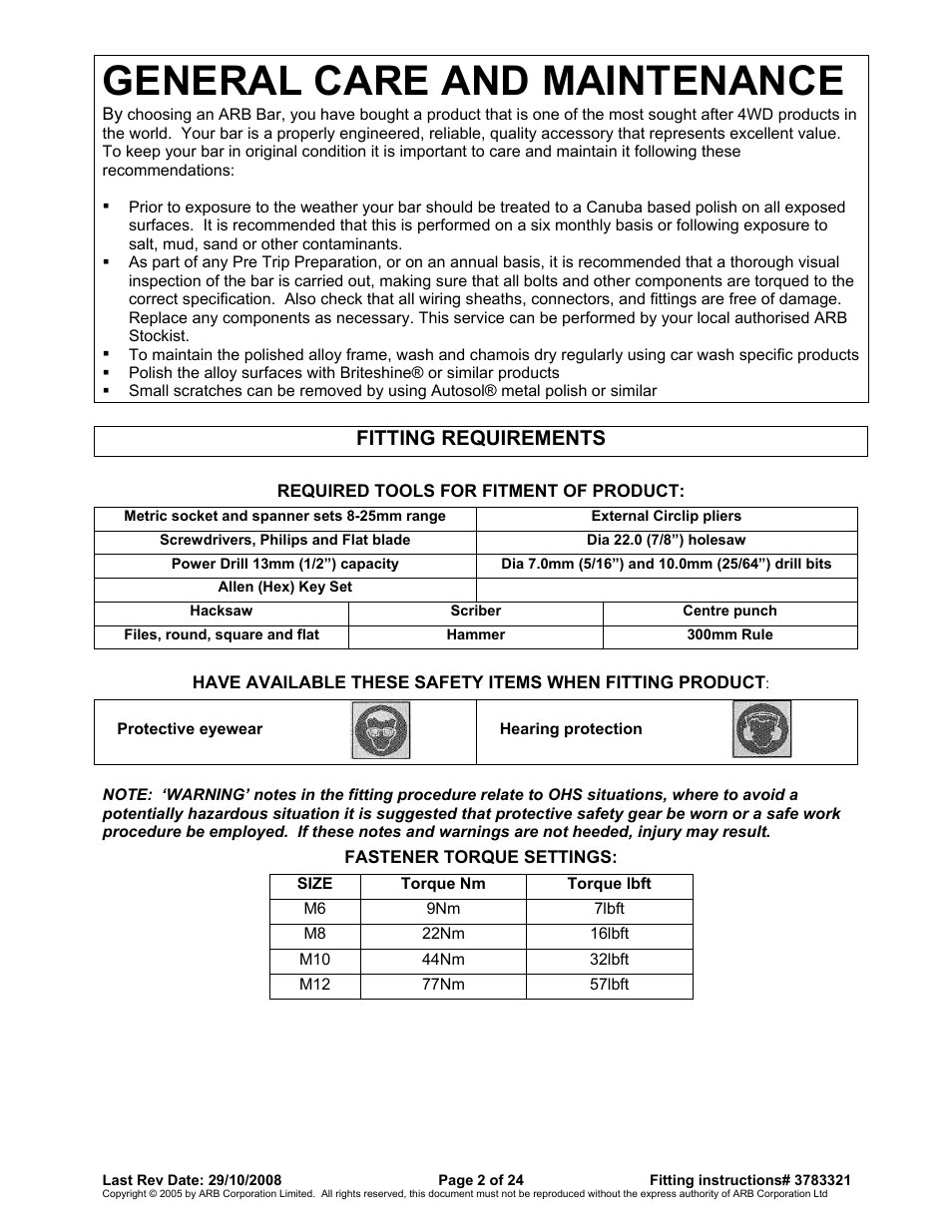 General care and maintenance, Fitting requirements | ARB 3915030 User Manual | Page 2 / 24