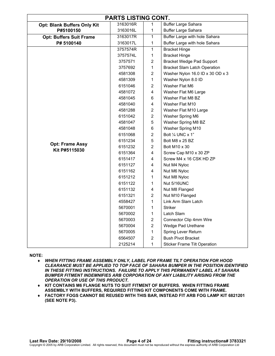 Parts listing cont | ARB 3915030 User Manual | Page 4 / 24