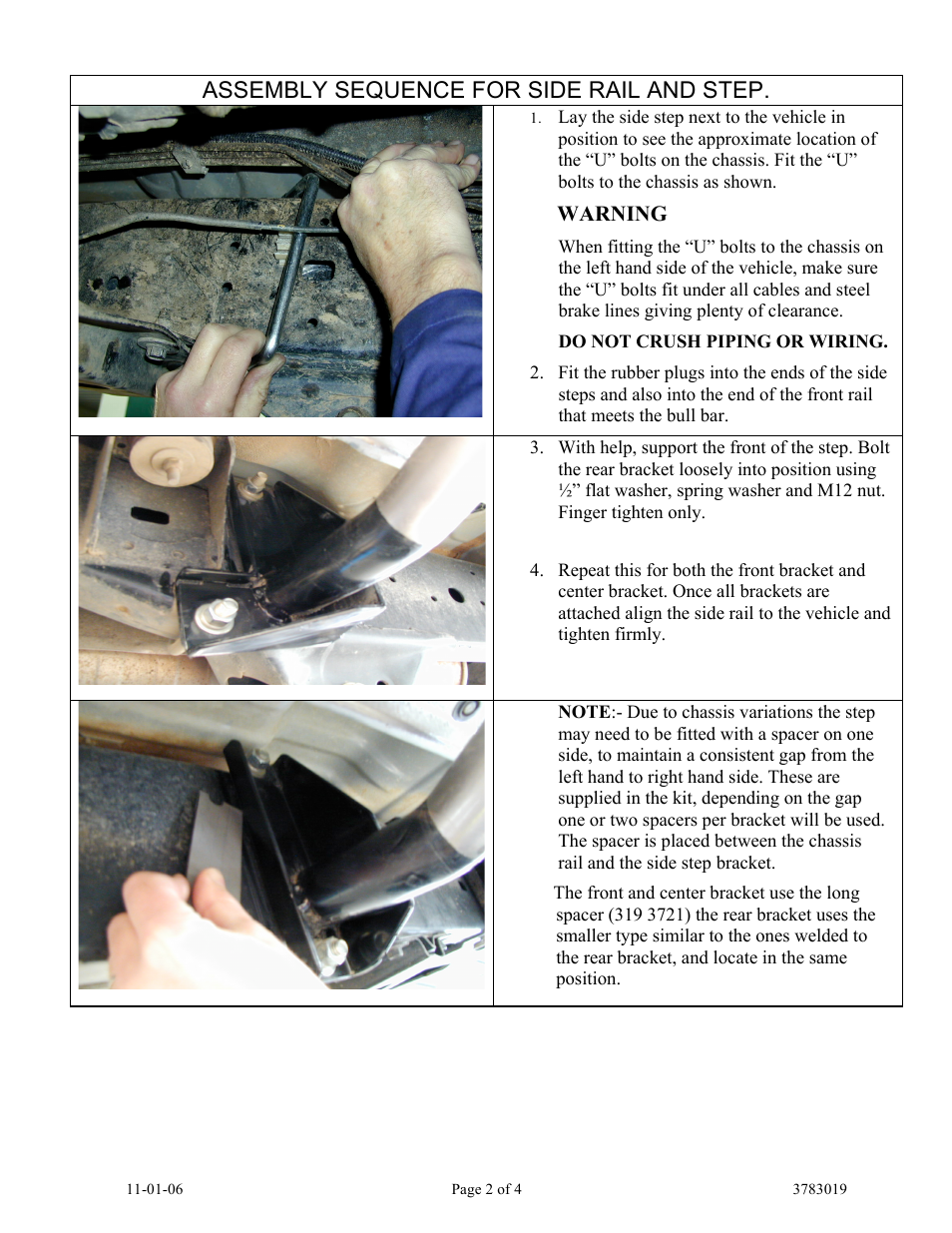 Assembly sequence for side rail and step, Warning | ARB 4413270 User Manual | Page 2 / 4