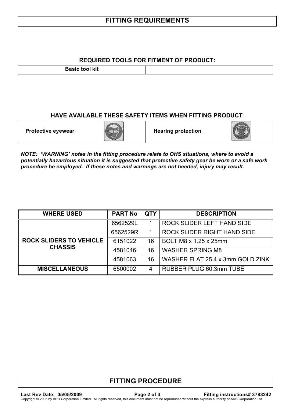 Fitting requirements, Fitting procedure | ARB 4420100 User Manual | Page 2 / 3