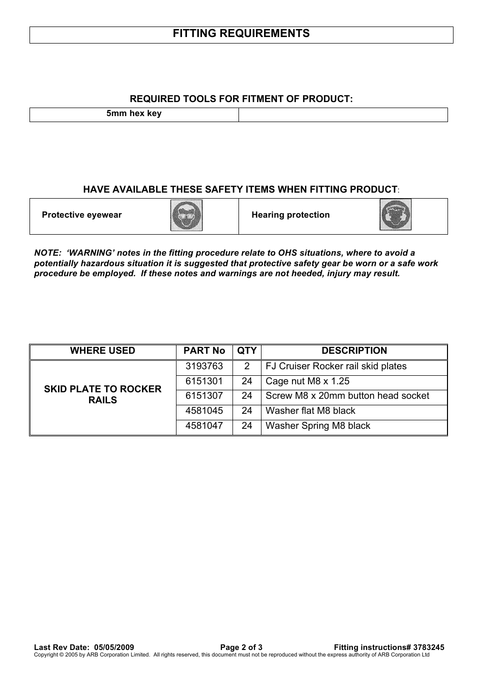 Fitting requirements | ARB 4420110 User Manual | Page 2 / 3