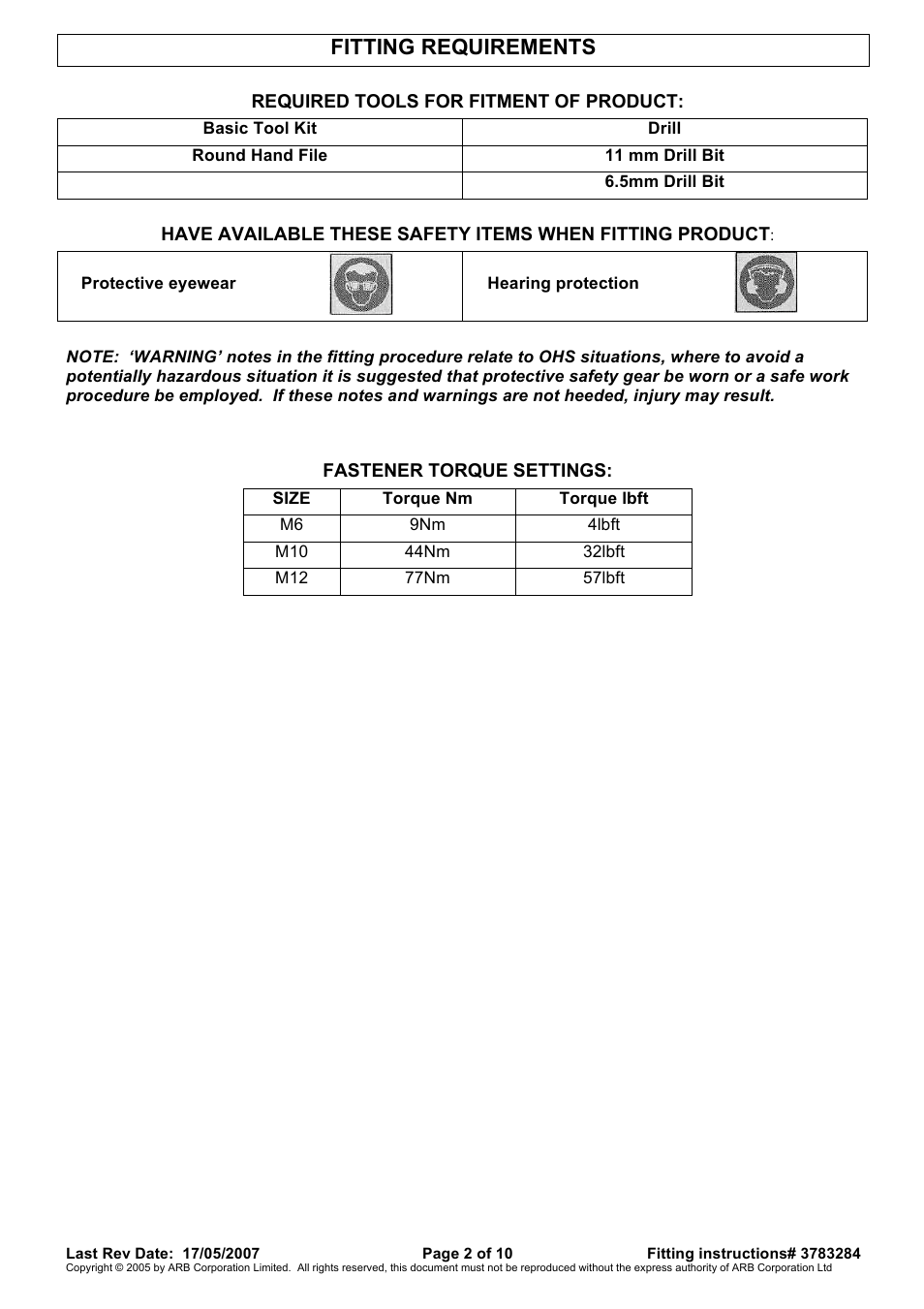 Fitting requirements | ARB 4450220 User Manual | Page 2 / 10