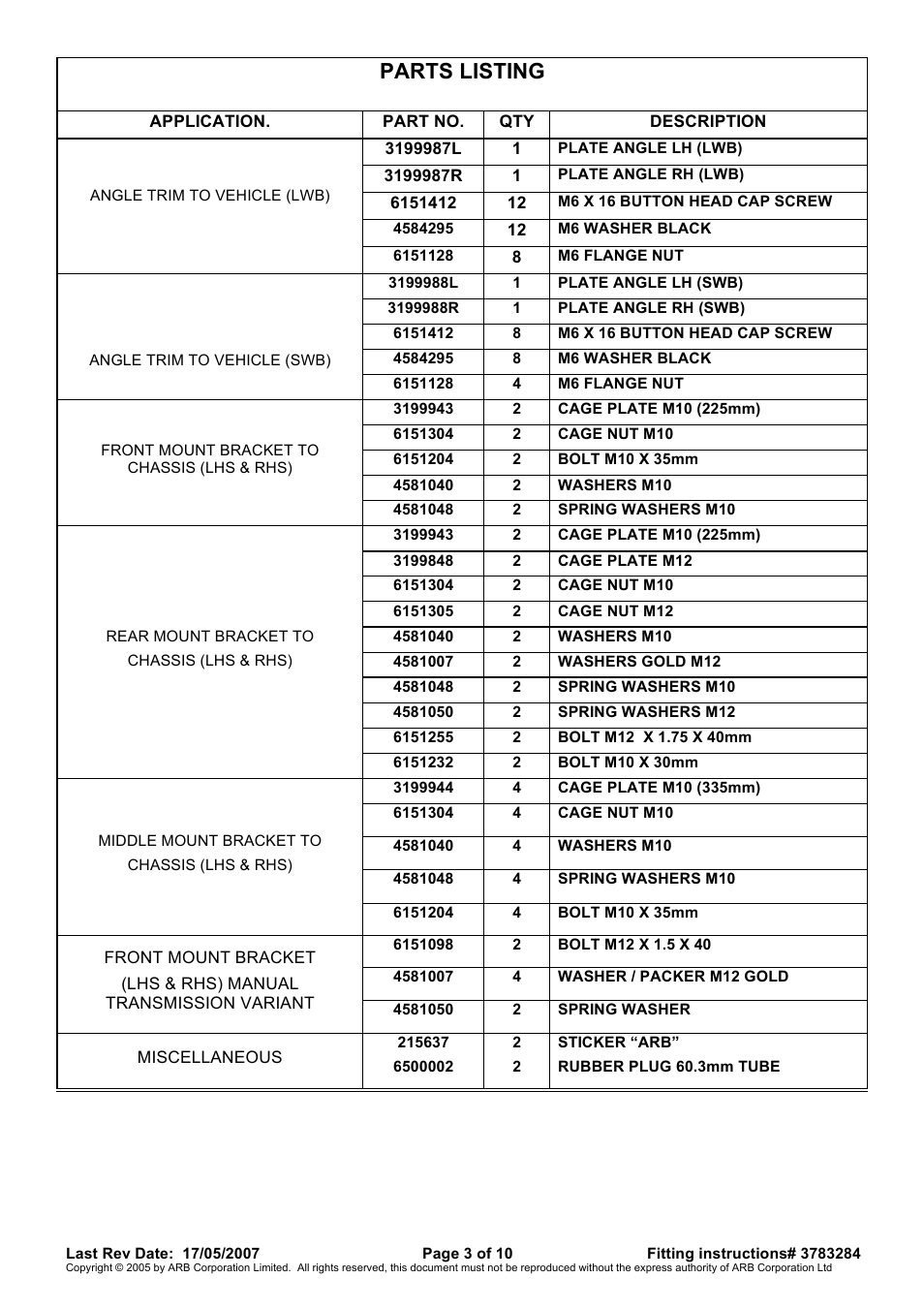 Parts listing | ARB 4450220 User Manual | Page 3 / 10