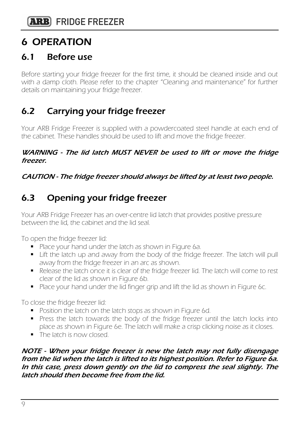 6 operation, 1 before use, 2 carrying your fridge freezer | 3 opening your fridge freezer | ARB 82QT-10800782 User Manual | Page 10 / 28
