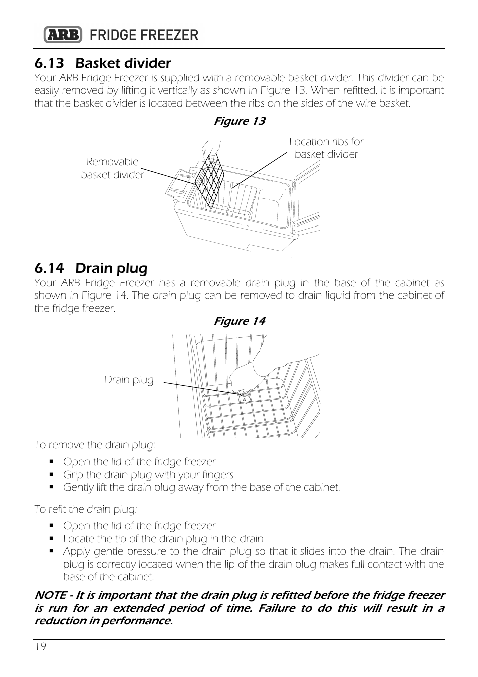 13 basket divider, 14 drain plug | ARB 82QT-10800782 User Manual | Page 20 / 28