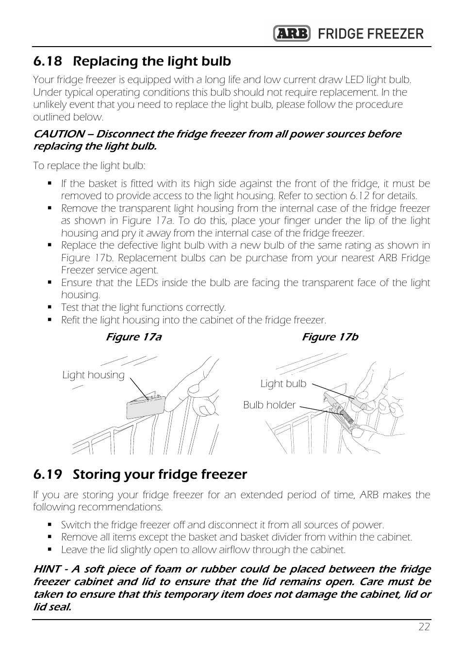 18 replacing the light bulb, 19 storing your fridge freezer | ARB 82QT-10800782 User Manual | Page 23 / 28