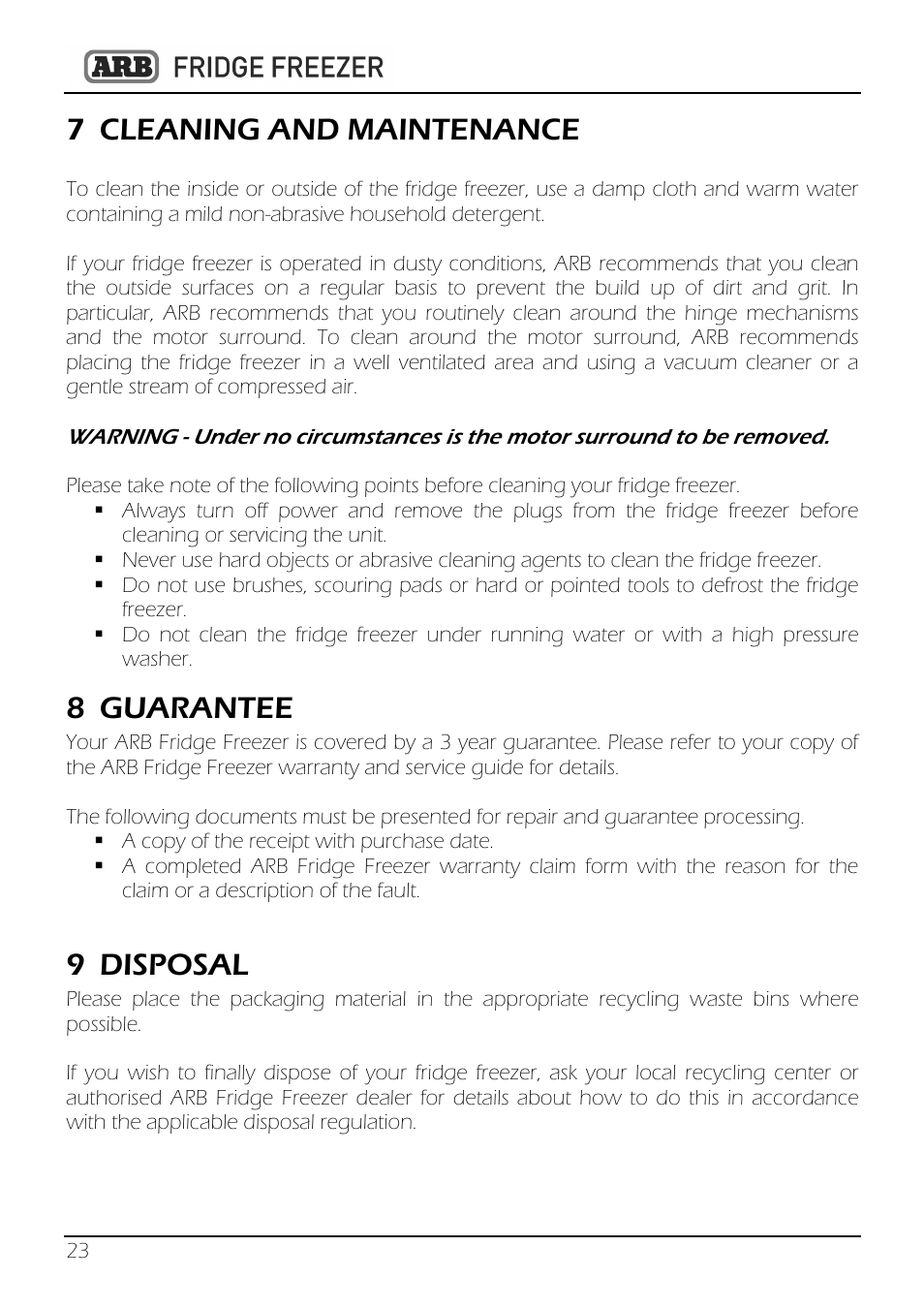 7 cleaning and maintenance, 8 guarantee, 9 disposal | ARB 82QT-10800782 User Manual | Page 24 / 28