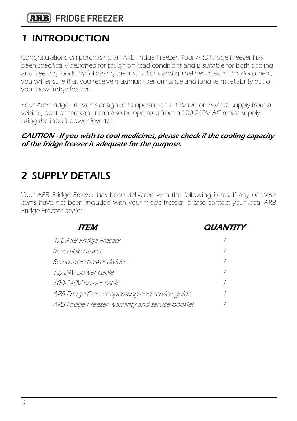 1 introduction, 2 supply details, Item quantity | ARB 82QT-10800782 User Manual | Page 4 / 28