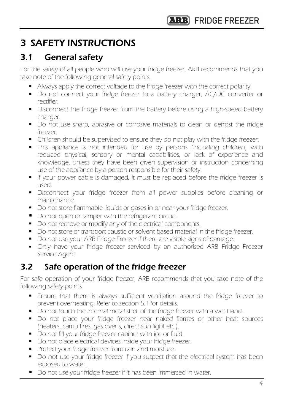 3 safety instructions, 1 general safety, 2 safe operation of the fridge freezer | ARB 82QT-10800782 User Manual | Page 5 / 28