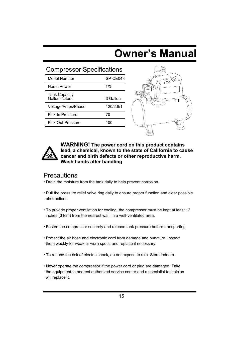 Owner’s manual, Precautions, Compressor specifications | Warning | Steele Products SP-CE043 User Manual | Page 15 / 31