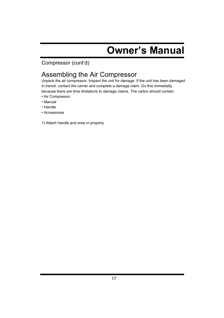 Owner’s manual, Assembling the air compressor | Steele Products SP-CE043 User Manual | Page 17 / 31