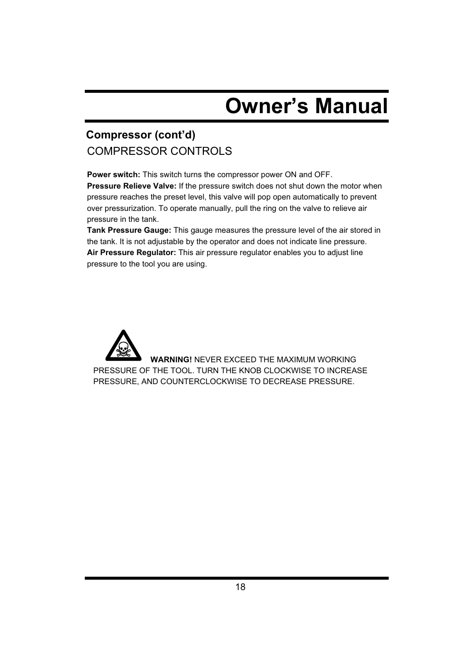 Owner’s manual, Compressor (cont’d) compressor controls | Steele Products SP-CE043 User Manual | Page 18 / 31