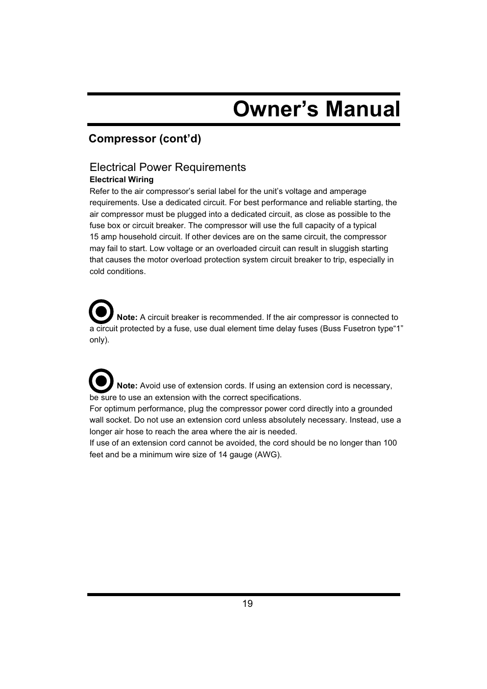 Owner’s manual, Compressor (cont’d) electrical power requirements | Steele Products SP-CE043 User Manual | Page 19 / 31