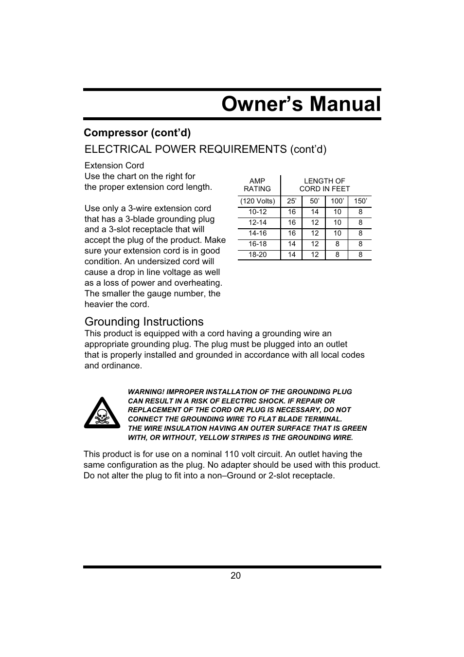 Owner’s manual, Grounding instructions | Steele Products SP-CE043 User Manual | Page 20 / 31