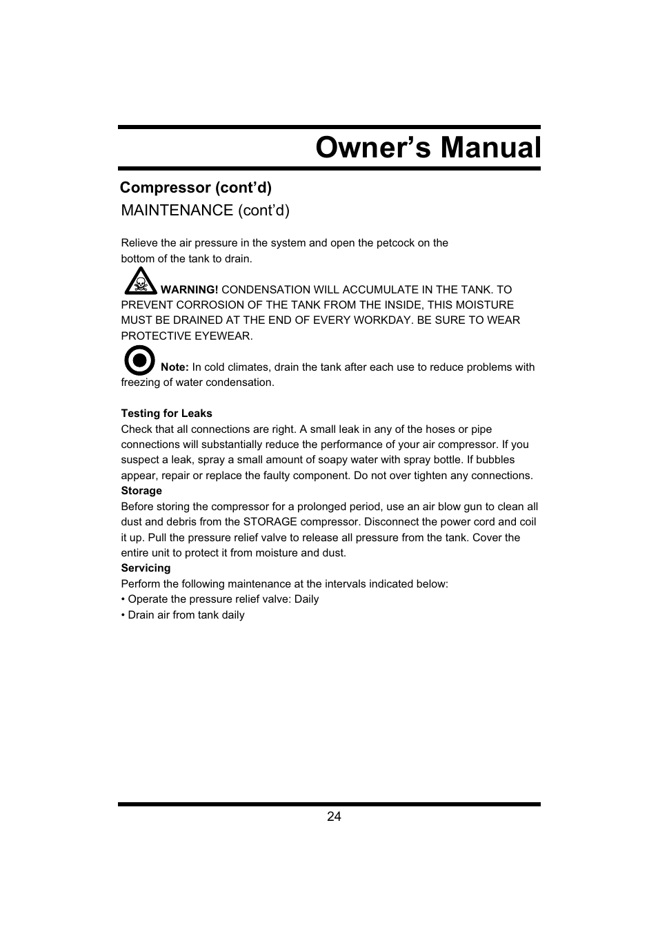 Owner’s manual, Compressor (cont’d) maintenance (cont’d) | Steele Products SP-CE043 User Manual | Page 24 / 31