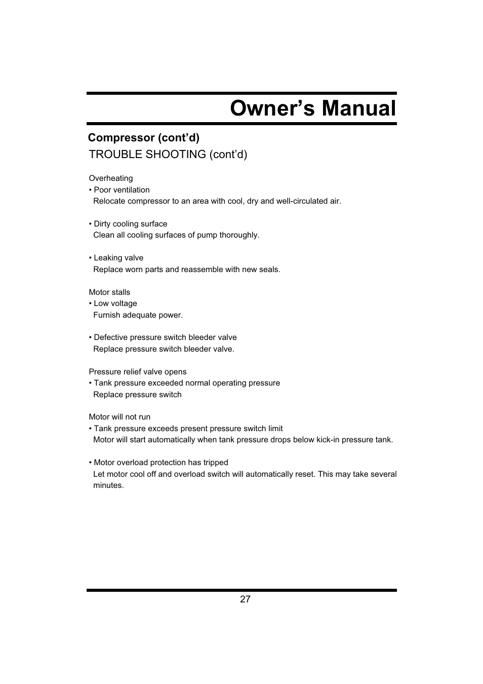 Owner’s manual, Compressor (cont’d) trouble shooting (cont’d) | Steele Products SP-CE043 User Manual | Page 27 / 31