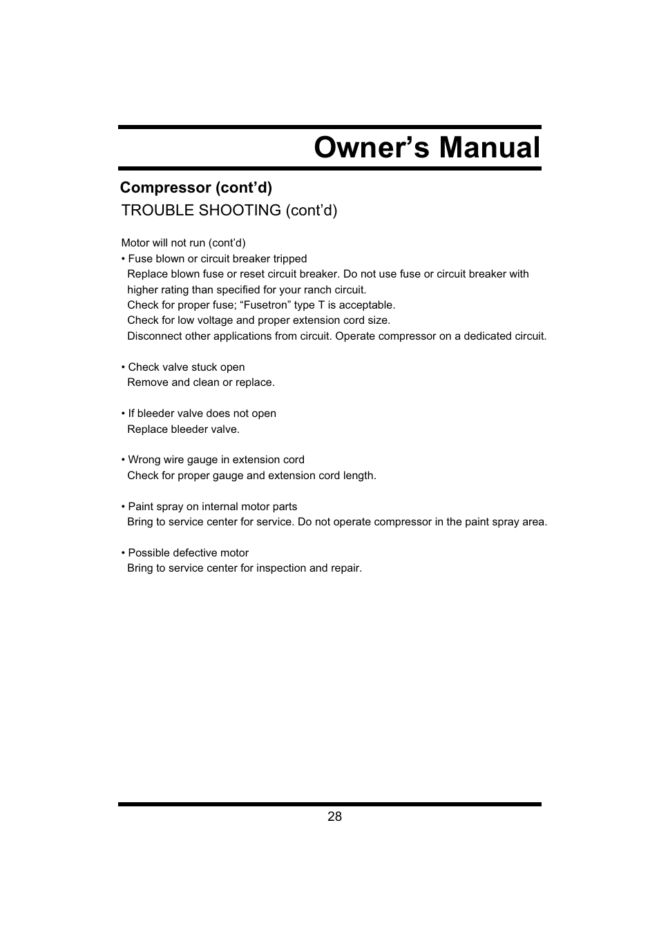 Owner’s manual, Compressor (cont’d) trouble shooting (cont’d) | Steele Products SP-CE043 User Manual | Page 28 / 31