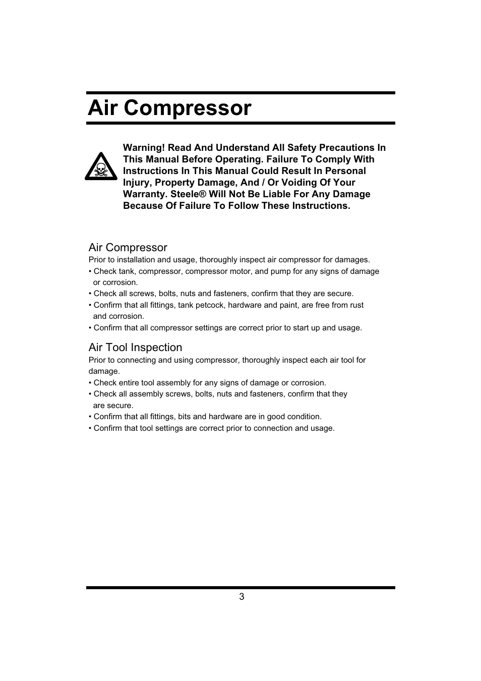 Air compressor, Air tool inspection | Steele Products SP-CE043 User Manual | Page 3 / 31