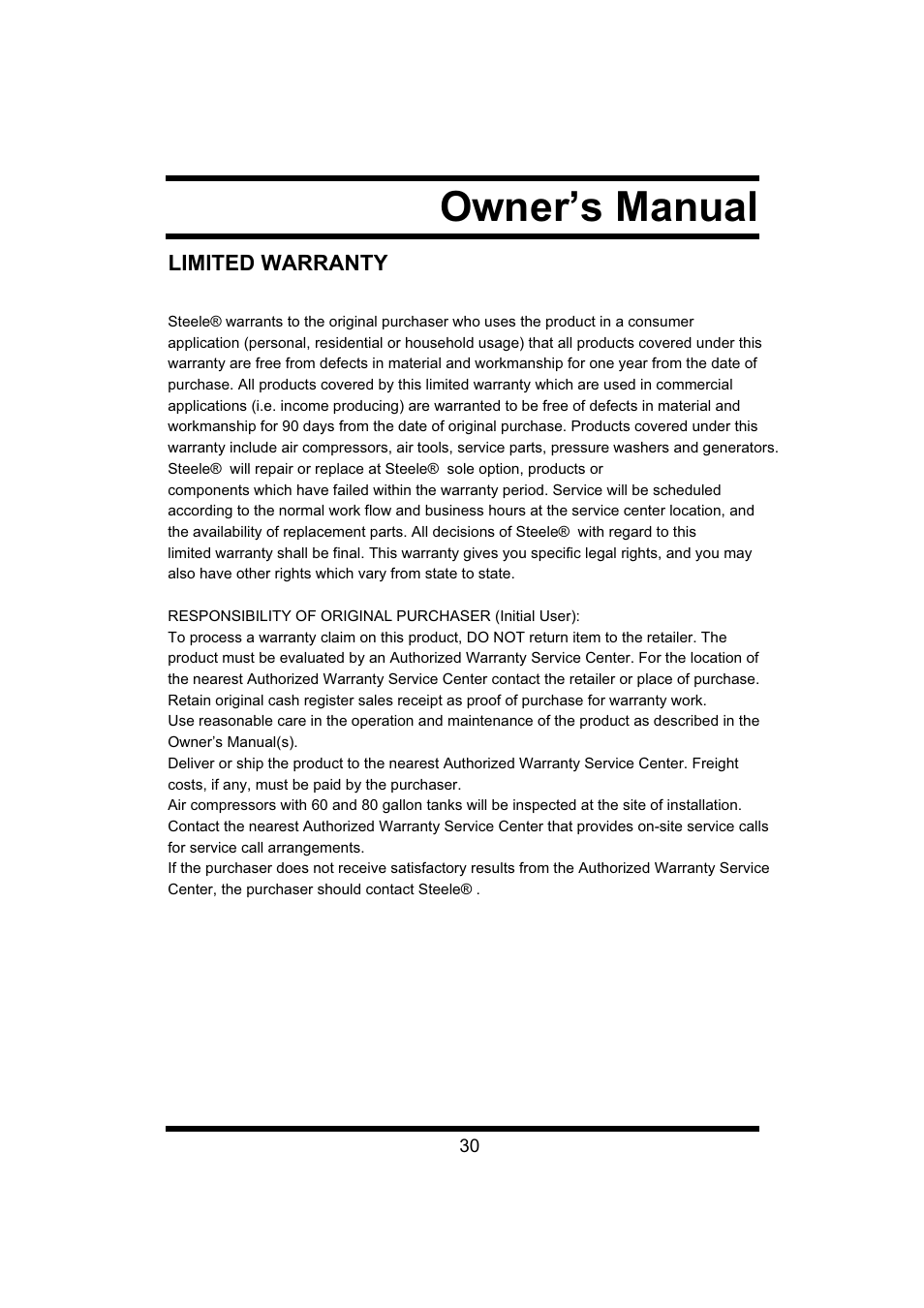 Owner’s manual, Limited warranty | Steele Products SP-CE043 User Manual | Page 30 / 31
