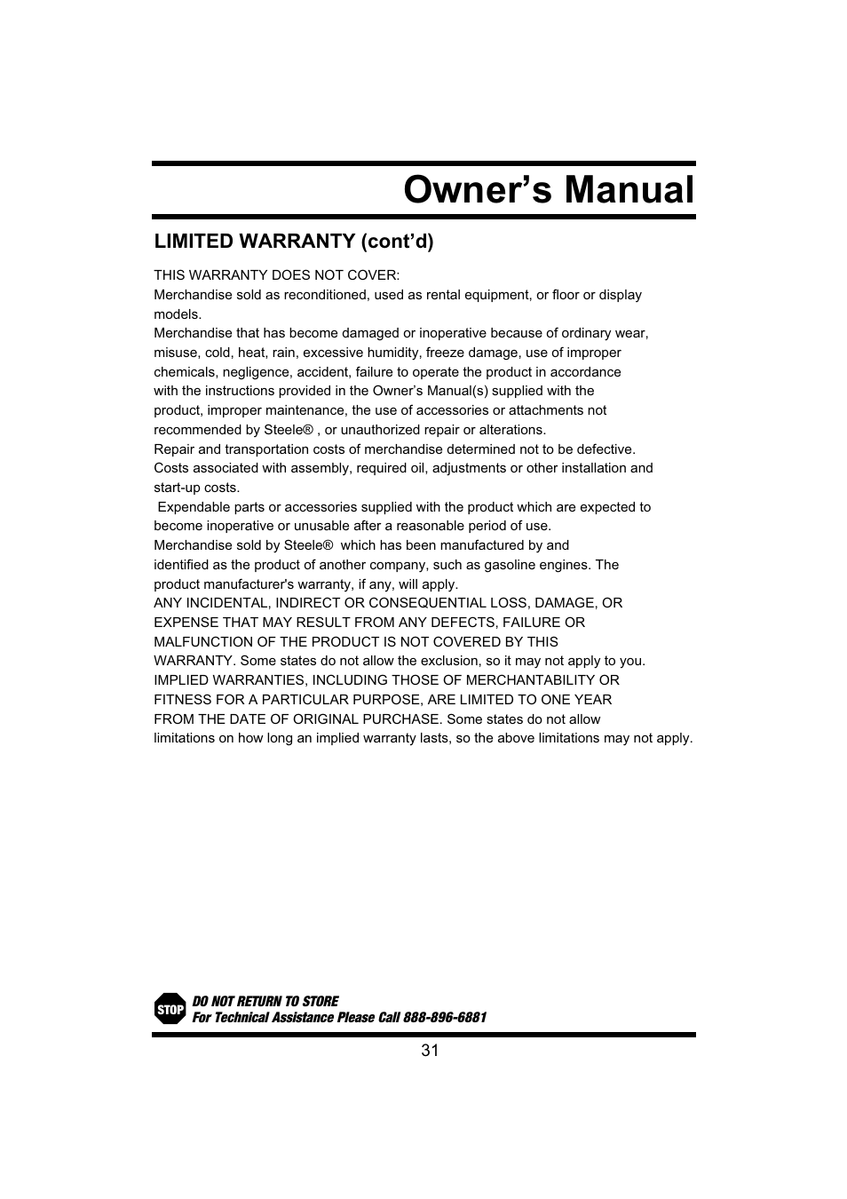 Owner’s manual, Limited warranty (cont’d) | Steele Products SP-CE043 User Manual | Page 31 / 31
