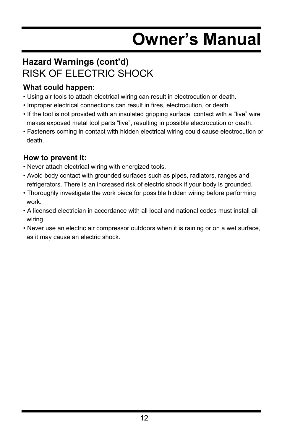 Owner’s manual, Risk of electric shock | Steele Products SP-CE155QT User Manual | Page 12 / 31