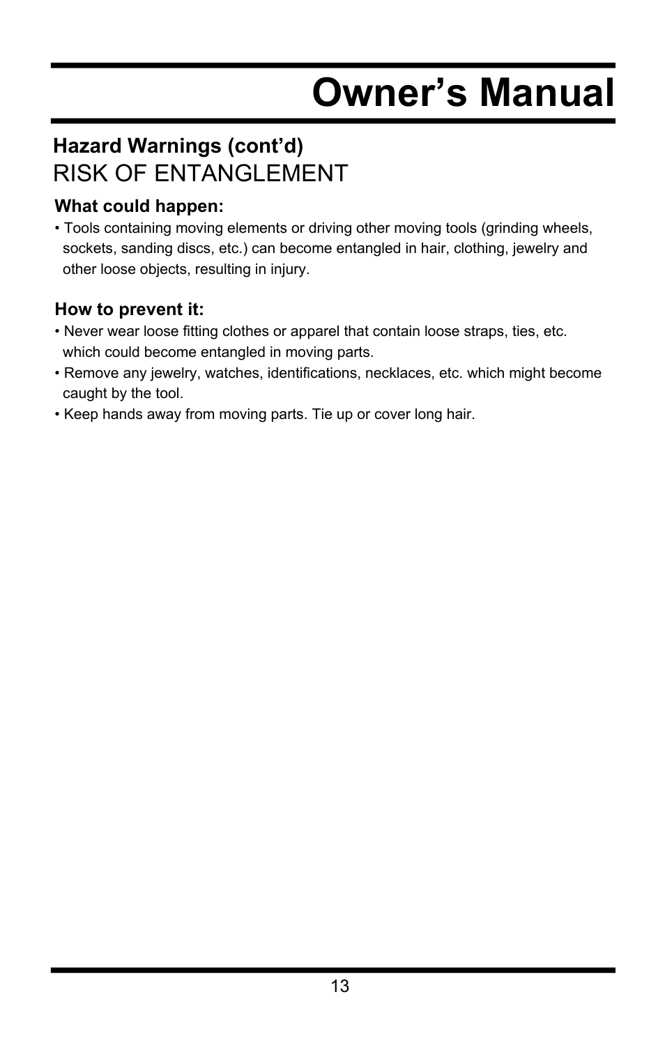 Owner’s manual, Risk of entanglement | Steele Products SP-CE155QT User Manual | Page 13 / 31