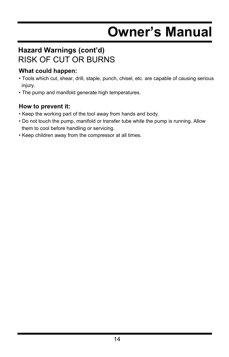 Owner’s manual, Risk of cut or burns | Steele Products SP-CE155QT User Manual | Page 14 / 31