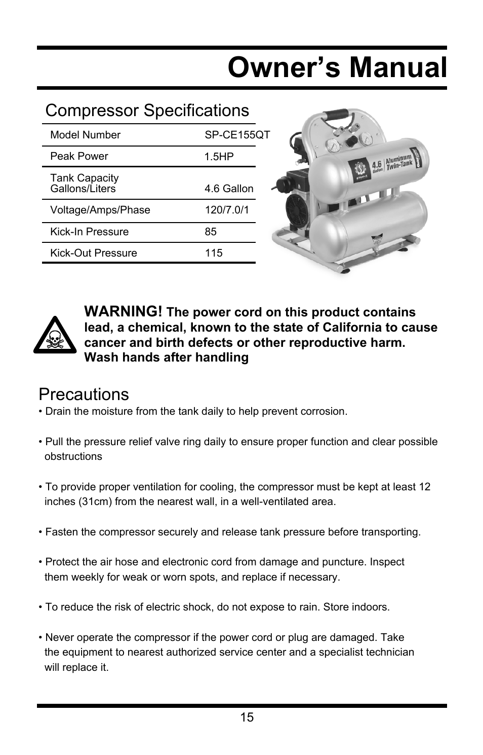 Owner’s manual, Precautions, Compressor specifications | Warning | Steele Products SP-CE155QT User Manual | Page 15 / 31