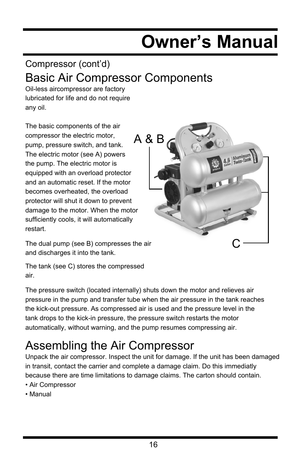 Owner’s manual, Basic air compressor components, Assembling the air compressor | A & b c | Steele Products SP-CE155QT User Manual | Page 16 / 31